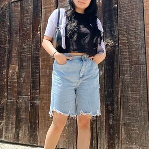 Boohoo Light Blue Distressed Denim Women's Bermudas